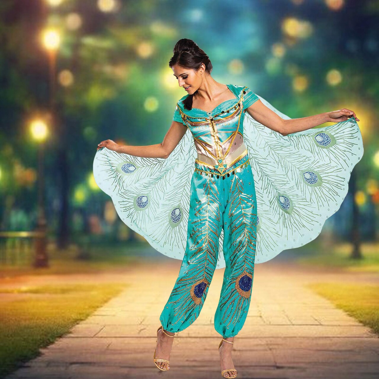 Deluxe Jasmine Teal Costume Jumpsuit with Cape for Regal Cosplay Look